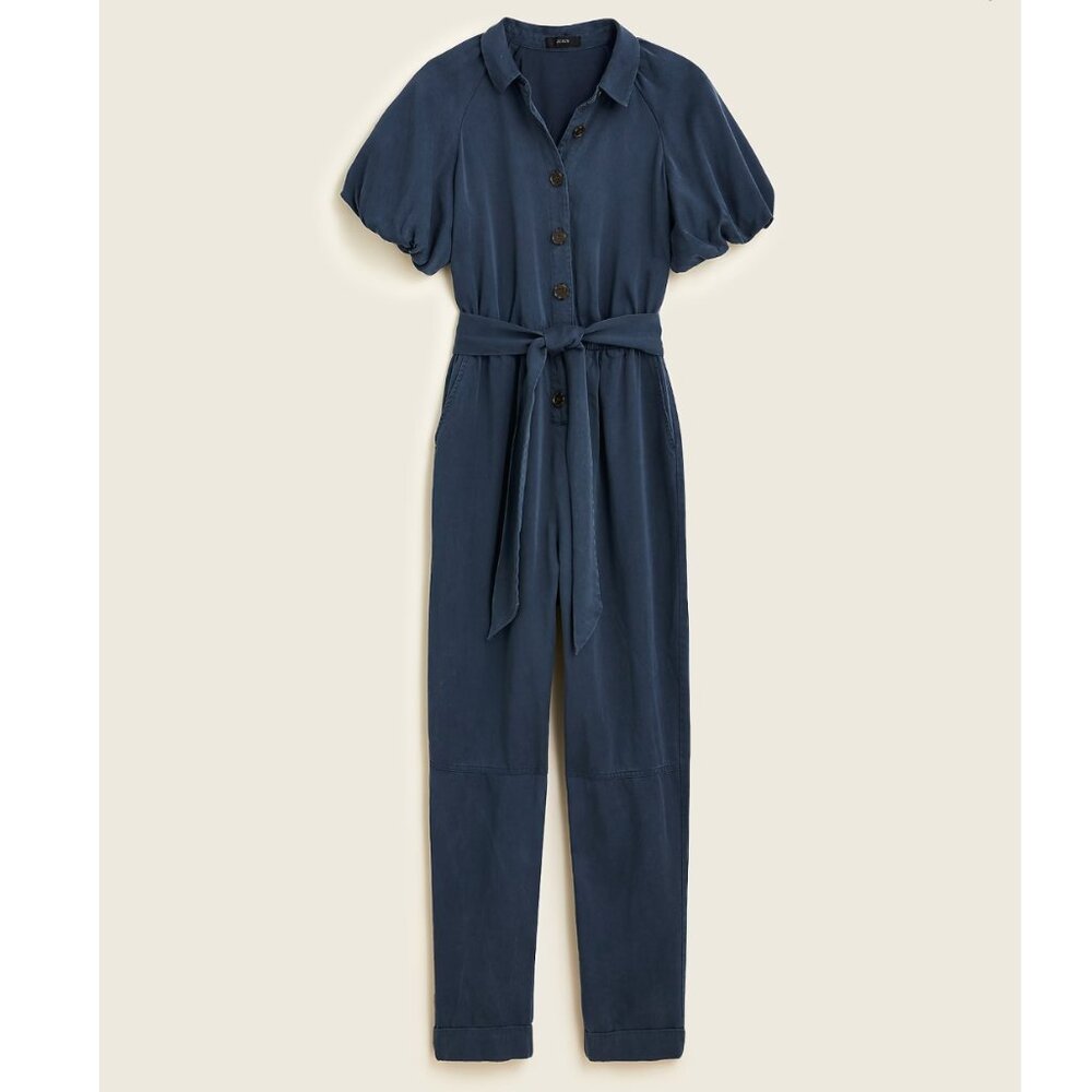 NWT J. Crew Drapey Belted Jumpsuit Blue Women's 6 Puff Sleeve Belted - Picture 2 of 15
